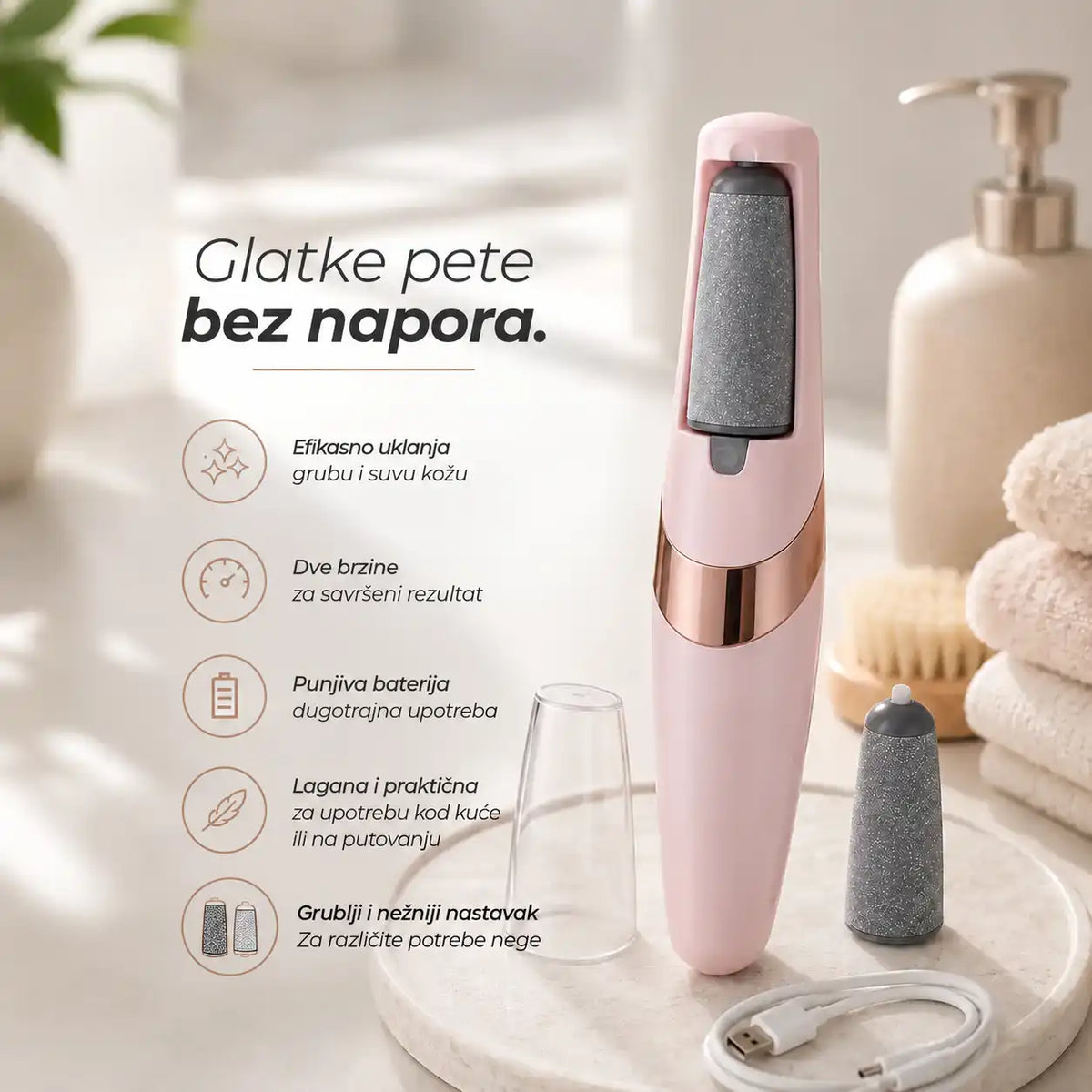 Električna turpija za pete, bežična, sa dva nastavka